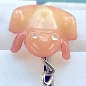 Vintage Hand-Carved Frog Brooch – Stamped "FRED" – Unique Coral Hue
